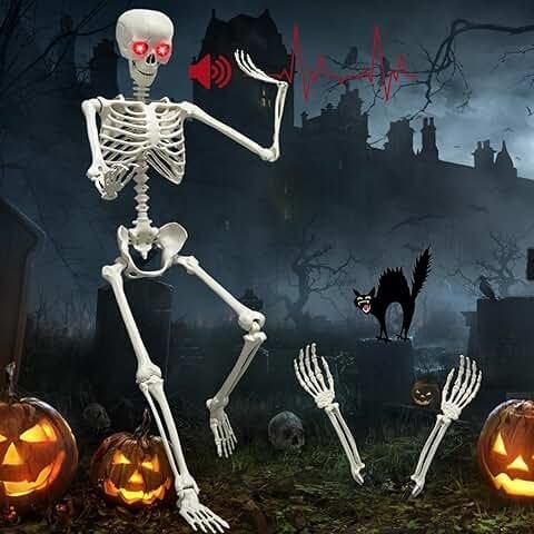 Glow-in-the-dark skeletons glowing at night as part of ghostly Halloween decorations, creating a spooky and festive outdoor display