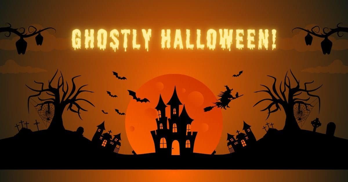 Ghostly Halloween decorations outside a house with hanging ghosts, fog, and glowing pumpkins creating a spooky yet fun atmosphere